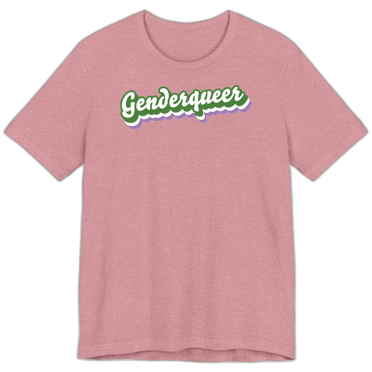 Retro script text reading 'Genderqueer' in white and green with purple and white scalloped wave border in Heather Orchid