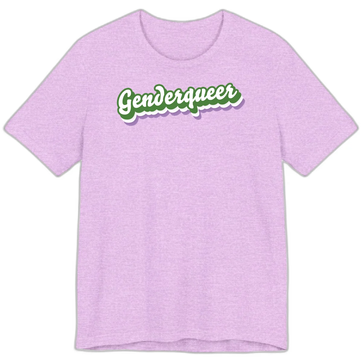Retro script text reading 'Genderqueer' in white and green with purple and white scalloped wave border in Heather Prism Lilac