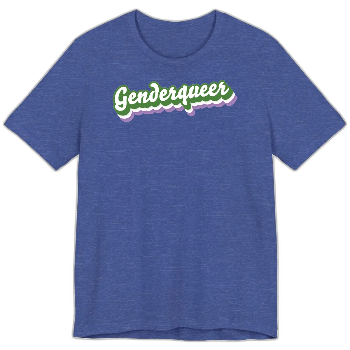 Retro script text reading 'Genderqueer' in white and green with purple and white scalloped wave border in Heather True Royal