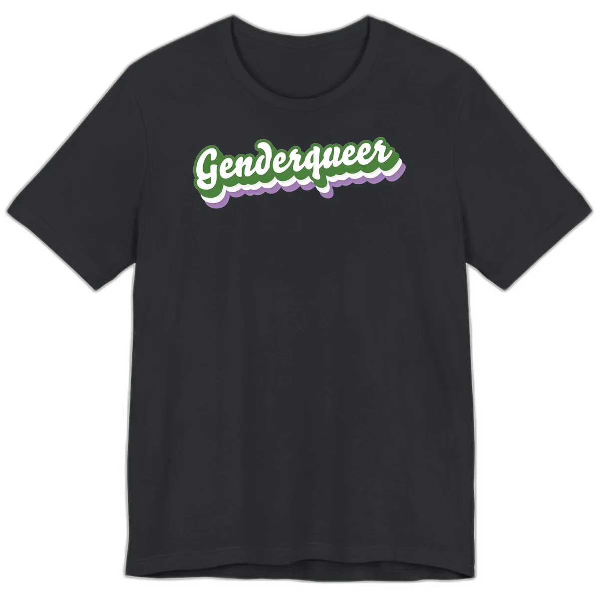 Retro script text reading 'Genderqueer' in white and green with purple and white scalloped wave border in Vintage Black