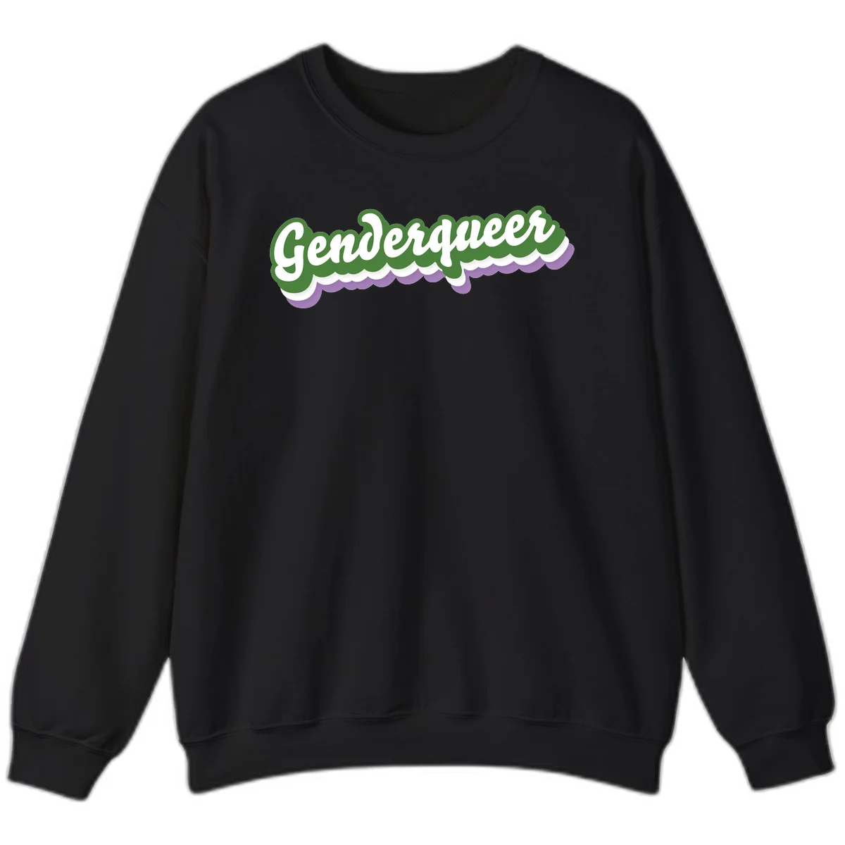 Retro script text reading 'Genderqueer' in white and green with purple and white scalloped wave border in Black