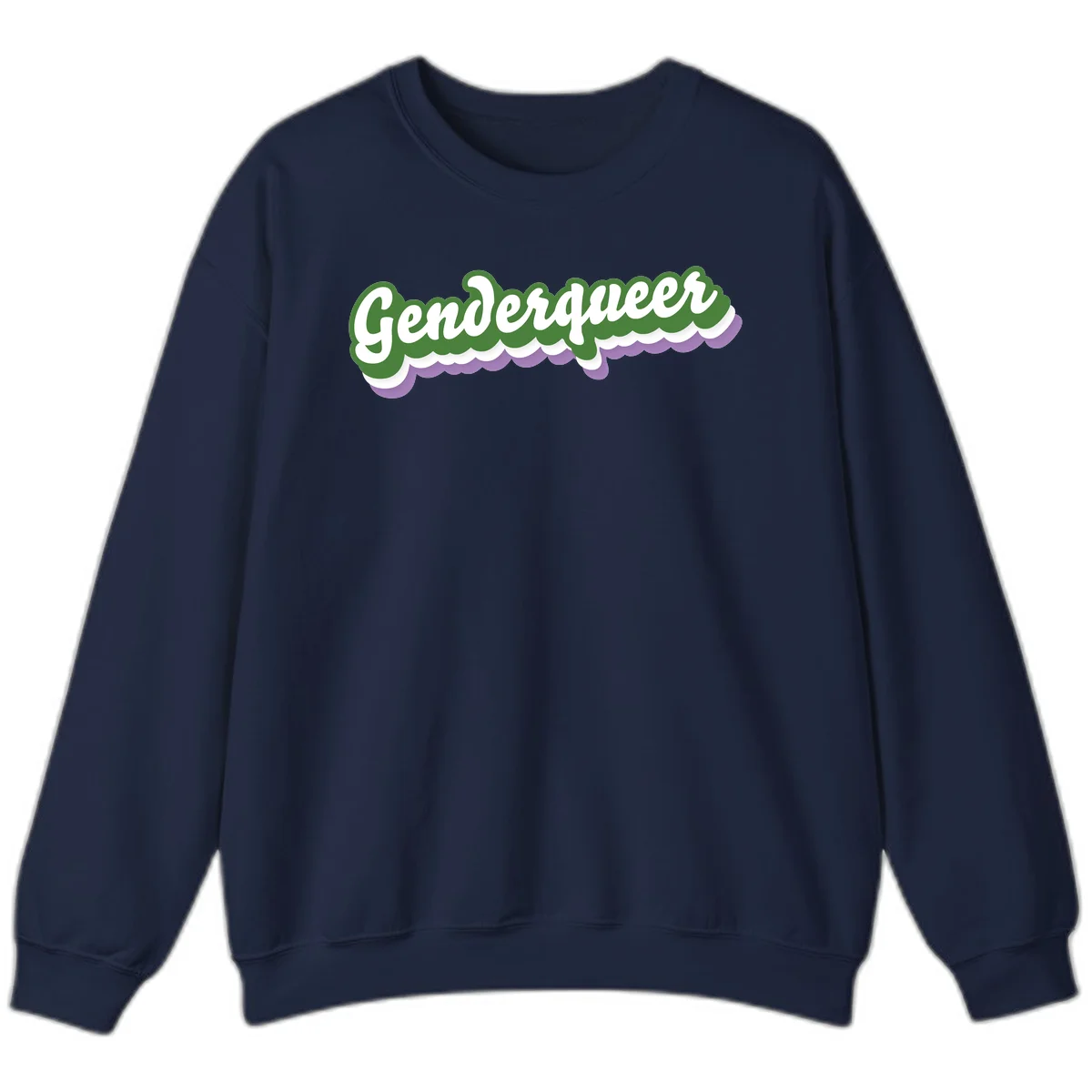 Retro script text reading 'Genderqueer' in white and green with purple and white scalloped wave border in Navy