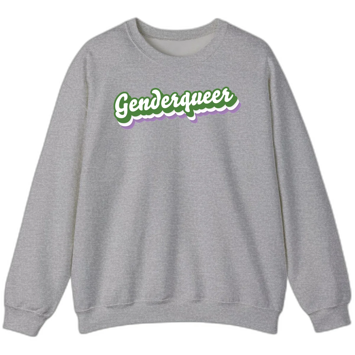 Retro script text reading 'Genderqueer' in white and green with purple and white scalloped wave border in Sport Grey