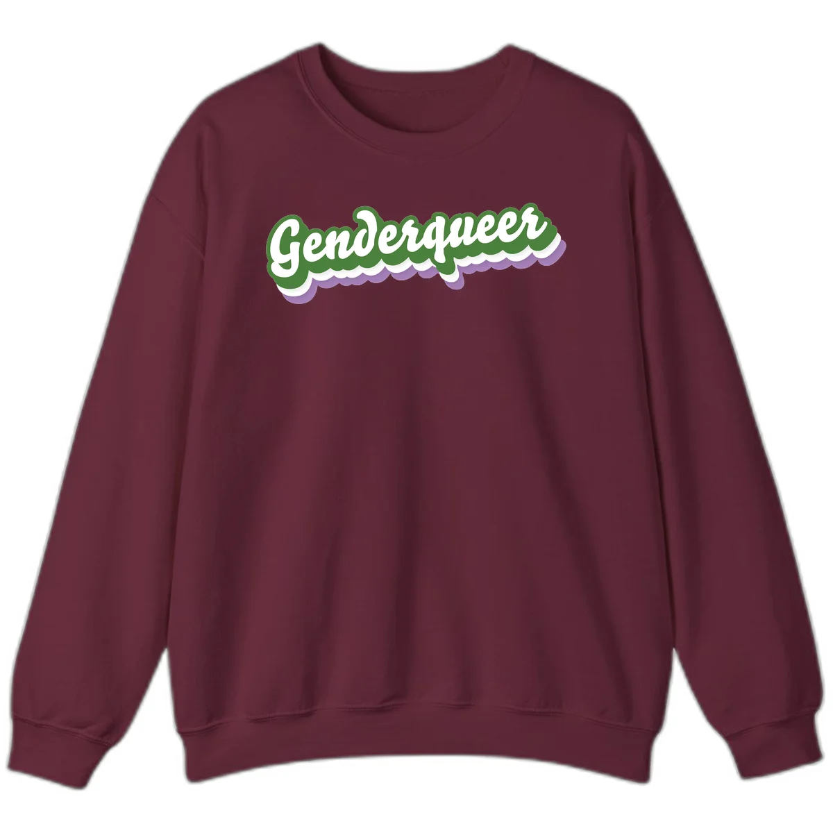 Retro script text reading 'Genderqueer' in white and green with purple and white scalloped wave border in Maroon