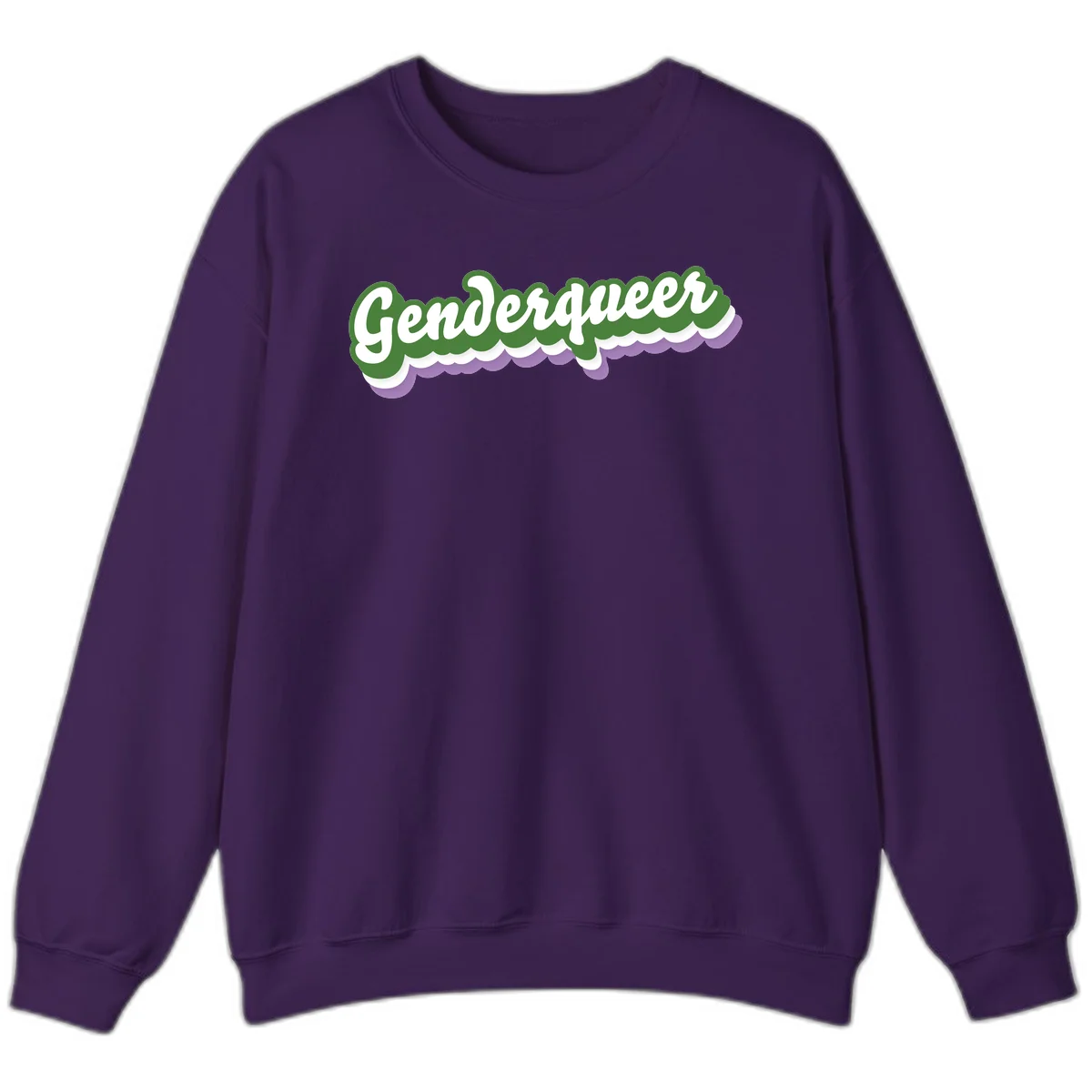 Retro script text reading 'Genderqueer' in white and green with purple and white scalloped wave border in Purple