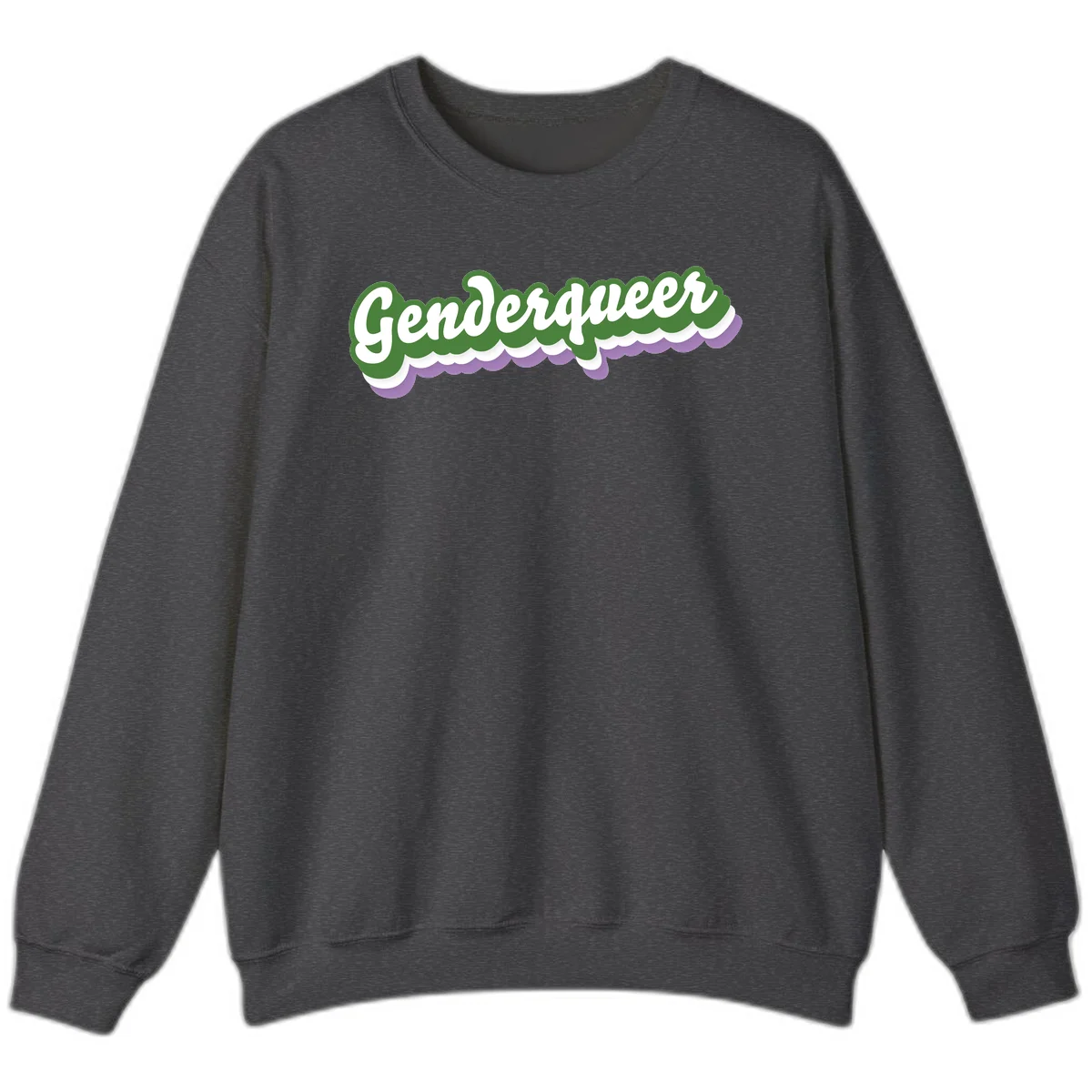 Retro script text reading 'Genderqueer' in white and green with purple and white scalloped wave border in Dark Heather