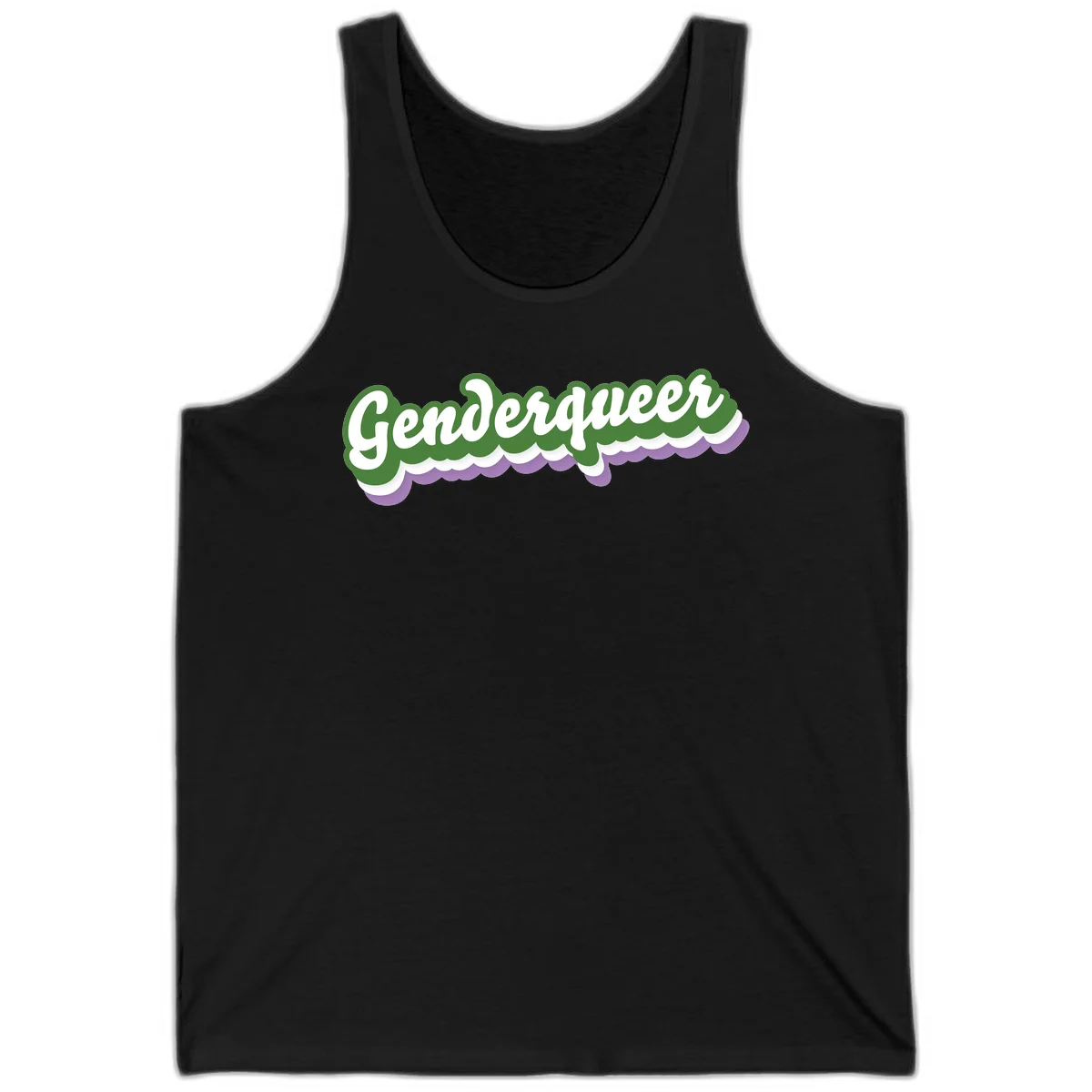 Retro script text reading 'Genderqueer' in white and green with purple and white scalloped wave border in Black