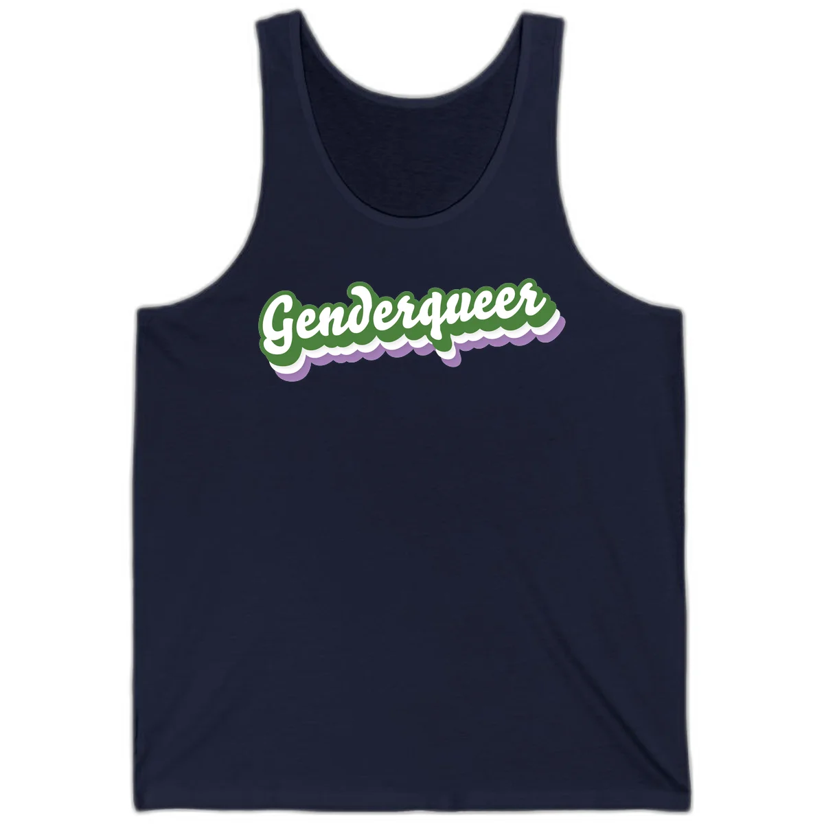 Retro script text reading 'Genderqueer' in white and green with purple and white scalloped wave border in Navy