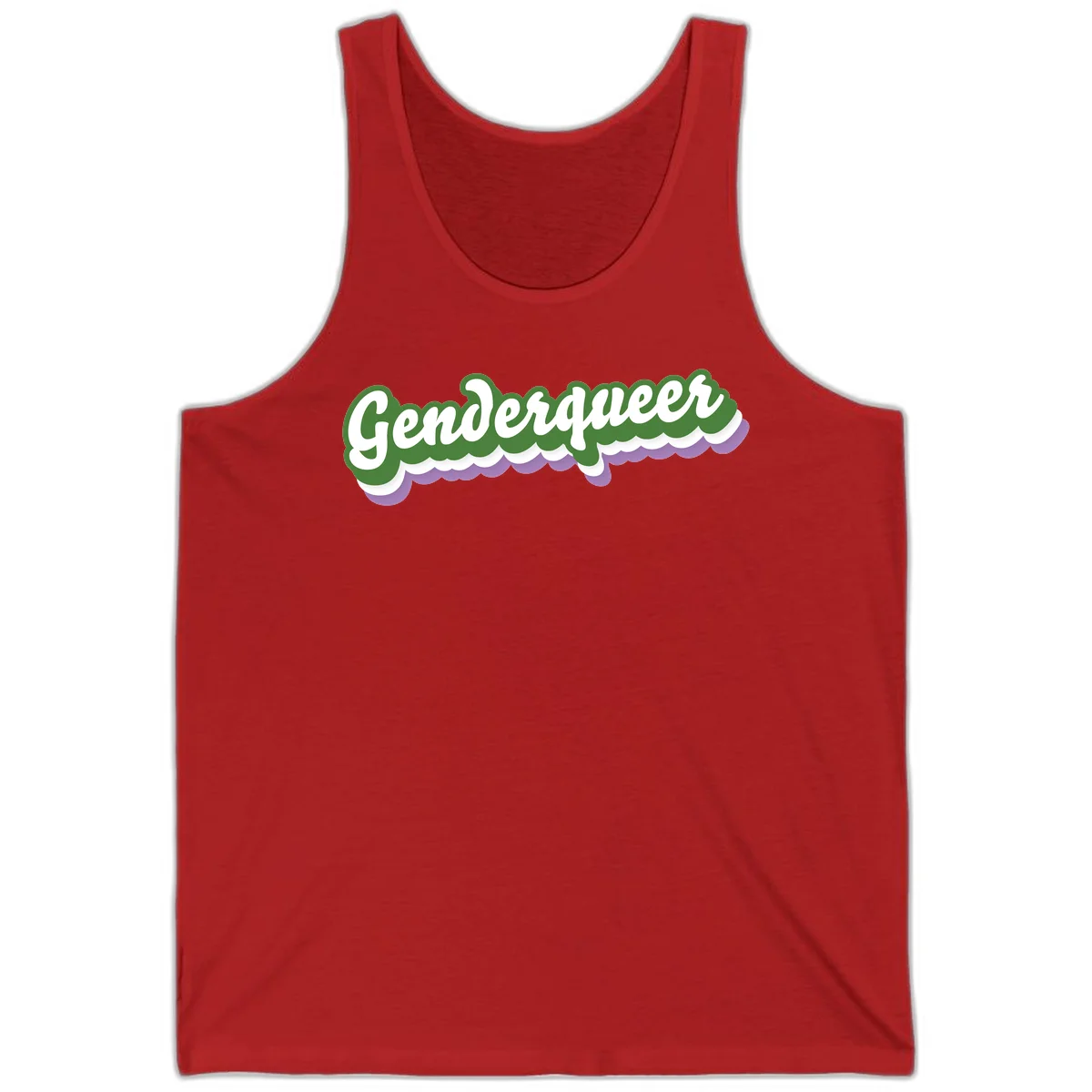Retro script text reading 'Genderqueer' in white and green with purple and white scalloped wave border in Red
