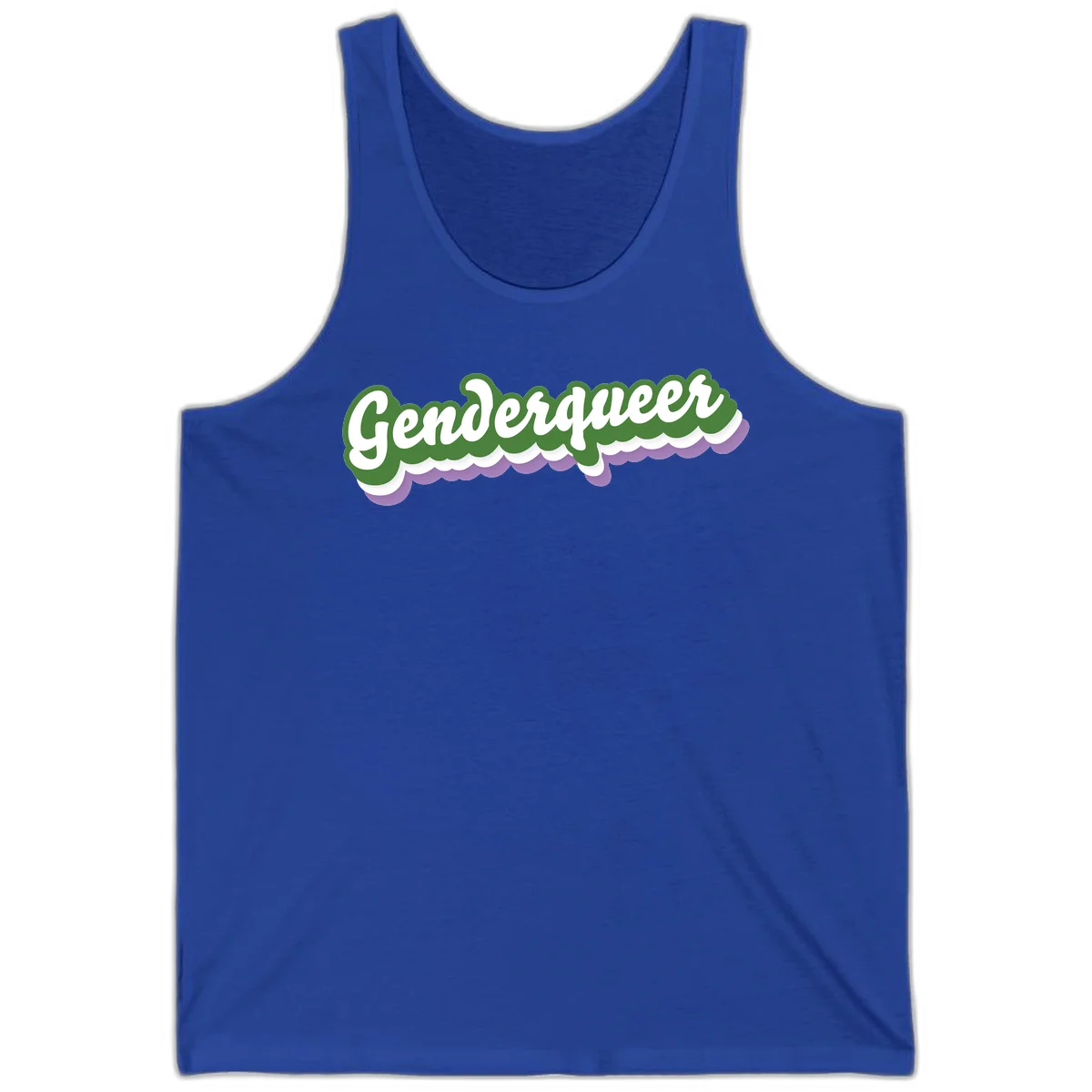 Retro script text reading 'Genderqueer' in white and green with purple and white scalloped wave border in True Royal