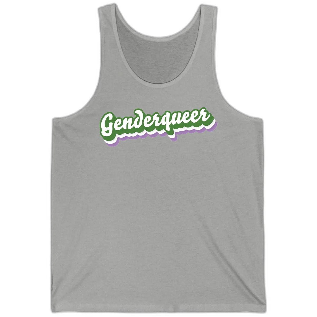 Retro script text reading 'Genderqueer' in white and green with purple and white scalloped wave border in Athletic Heather