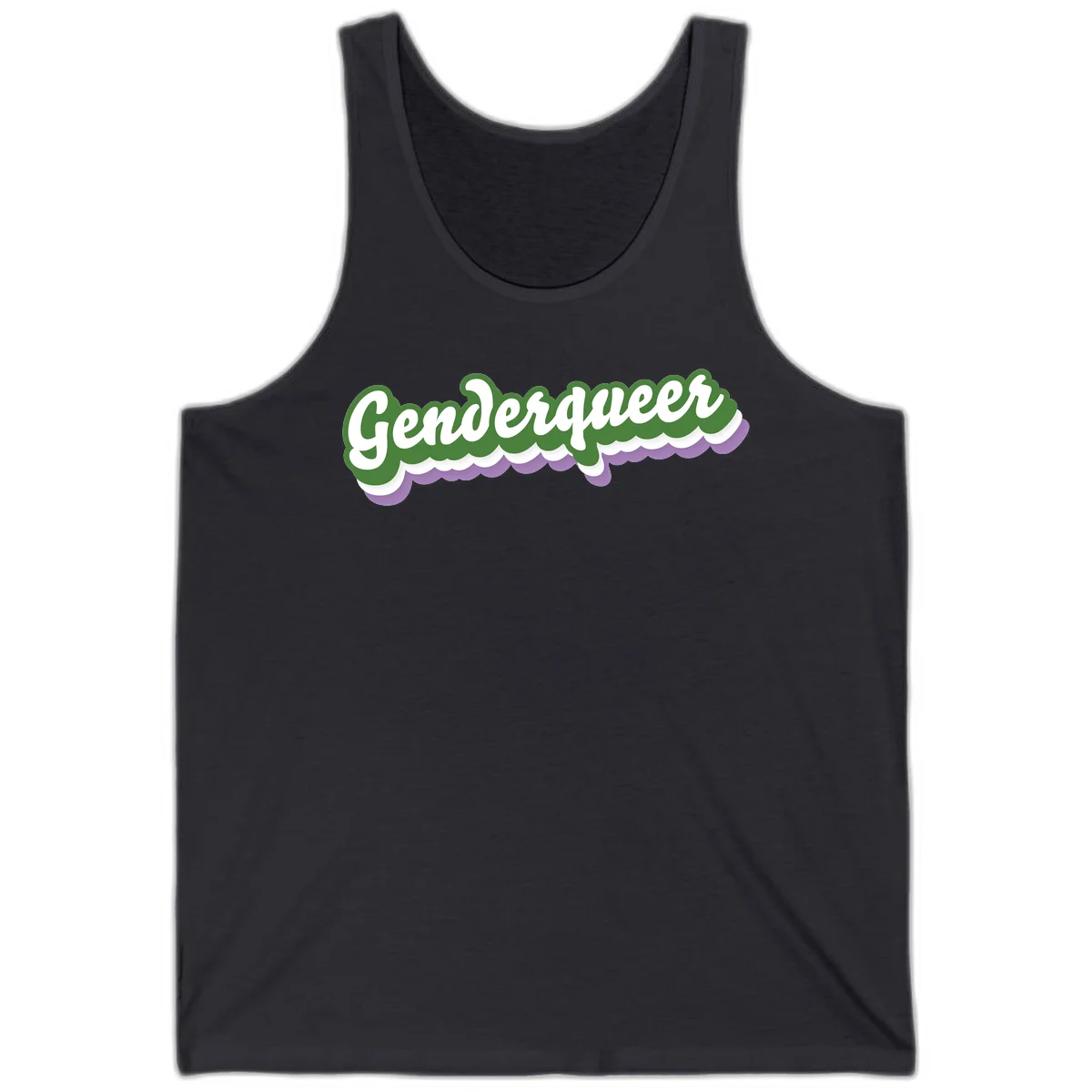 Retro script text reading 'Genderqueer' in white and green with purple and white scalloped wave border in Dark Grey
