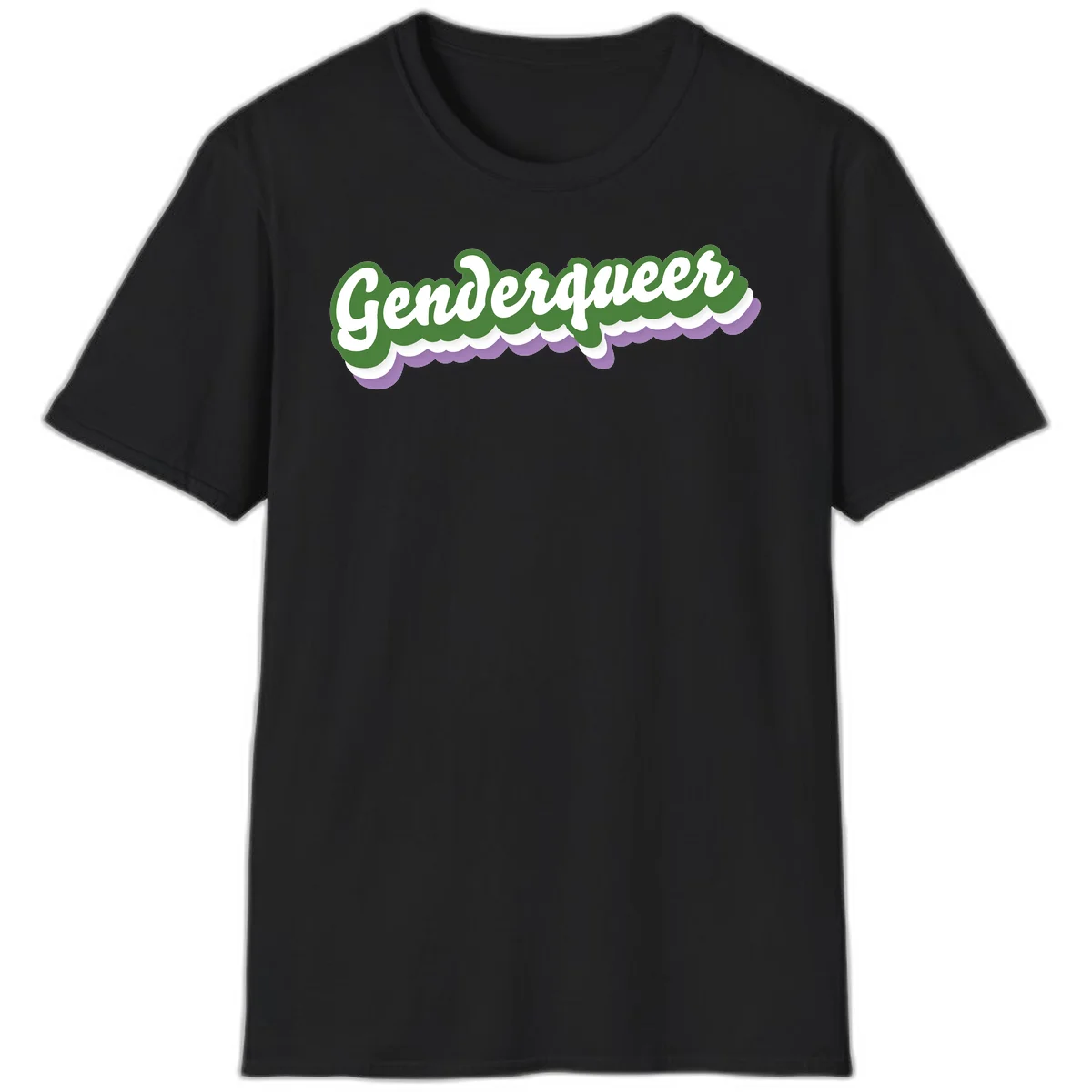 Retro script text reading 'Genderqueer' in white and green with purple and white scalloped wave border in Black
