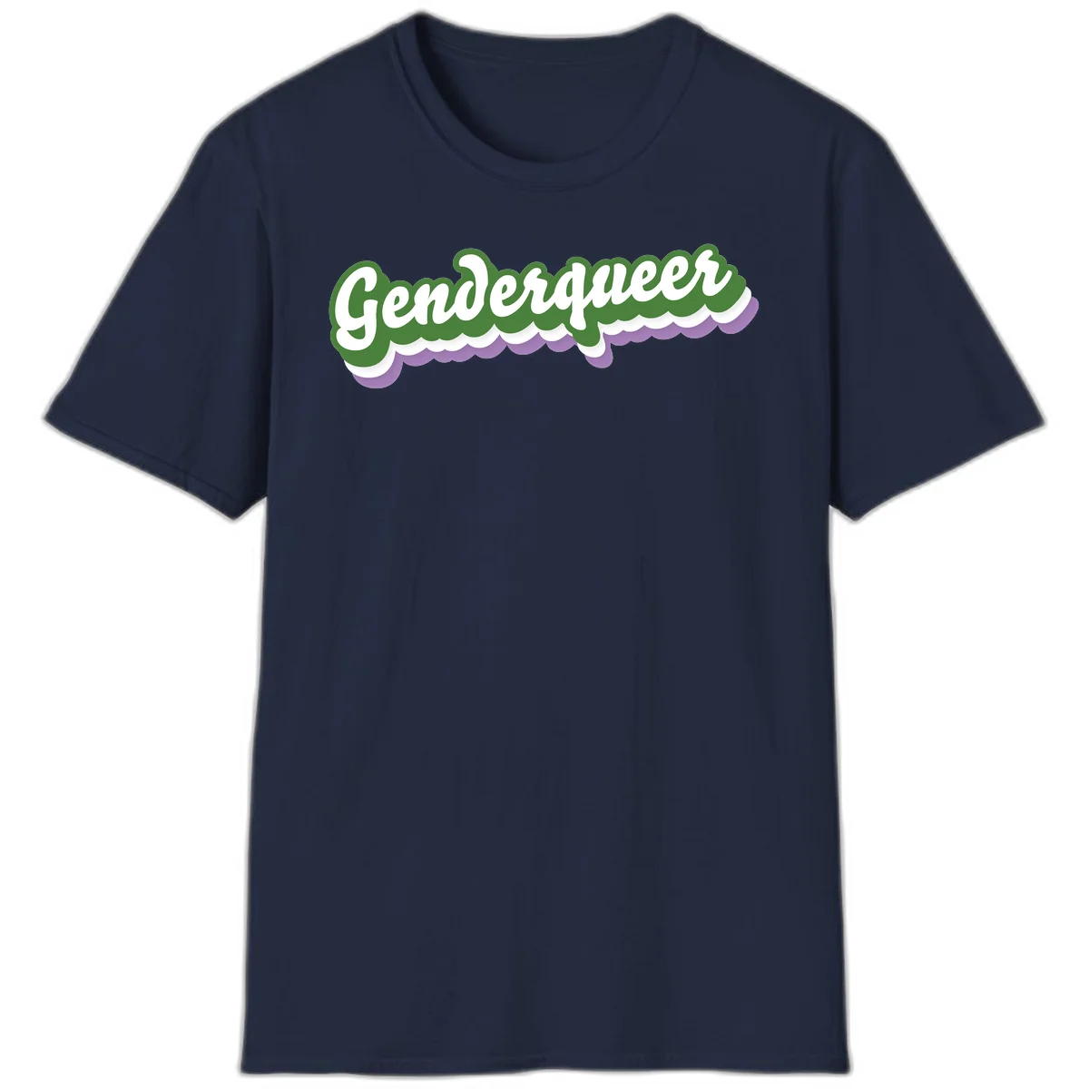 Retro script text reading 'Genderqueer' in white and green with purple and white scalloped wave border in Navy