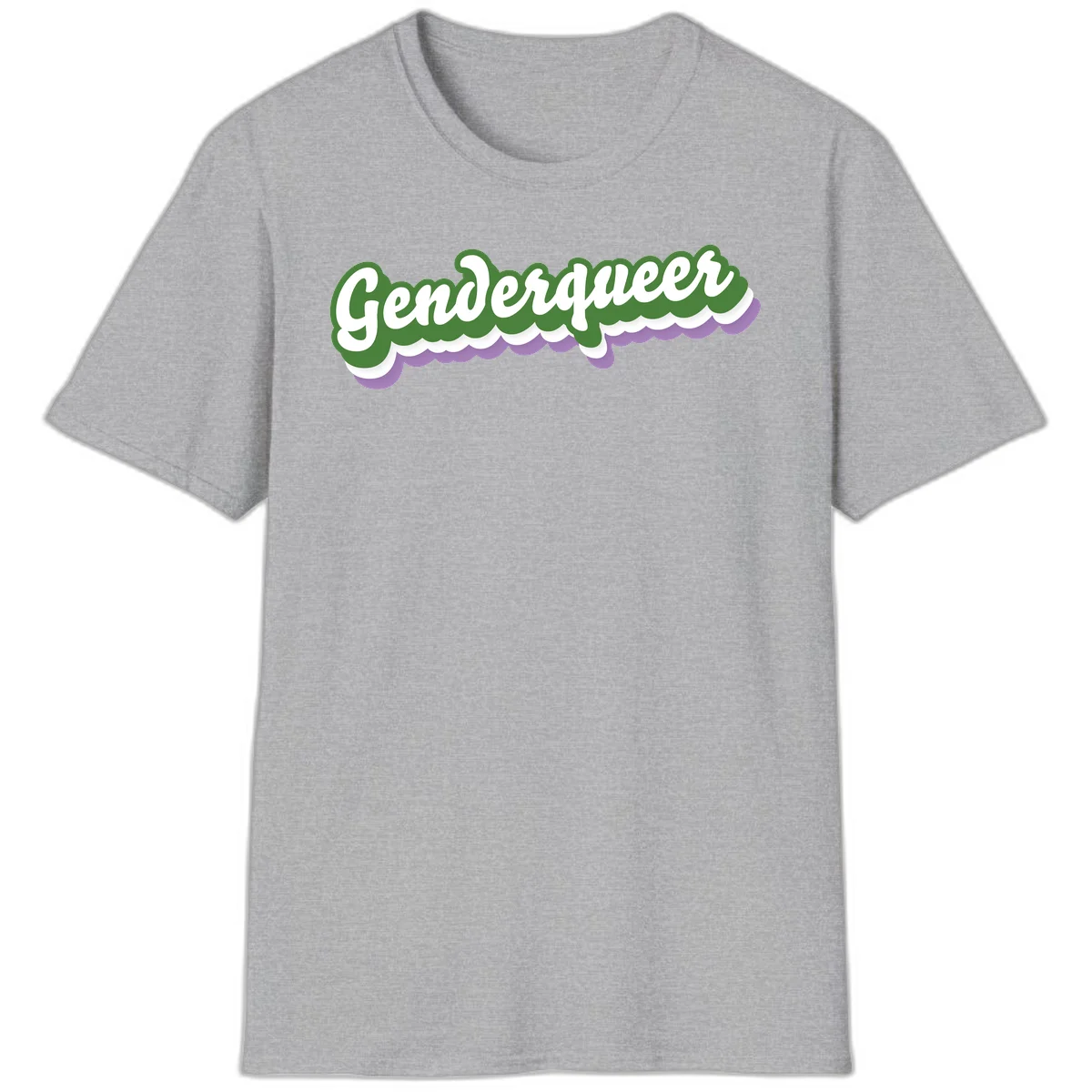 Retro script text reading 'Genderqueer' in white and green with purple and white scalloped wave border in Sport Grey