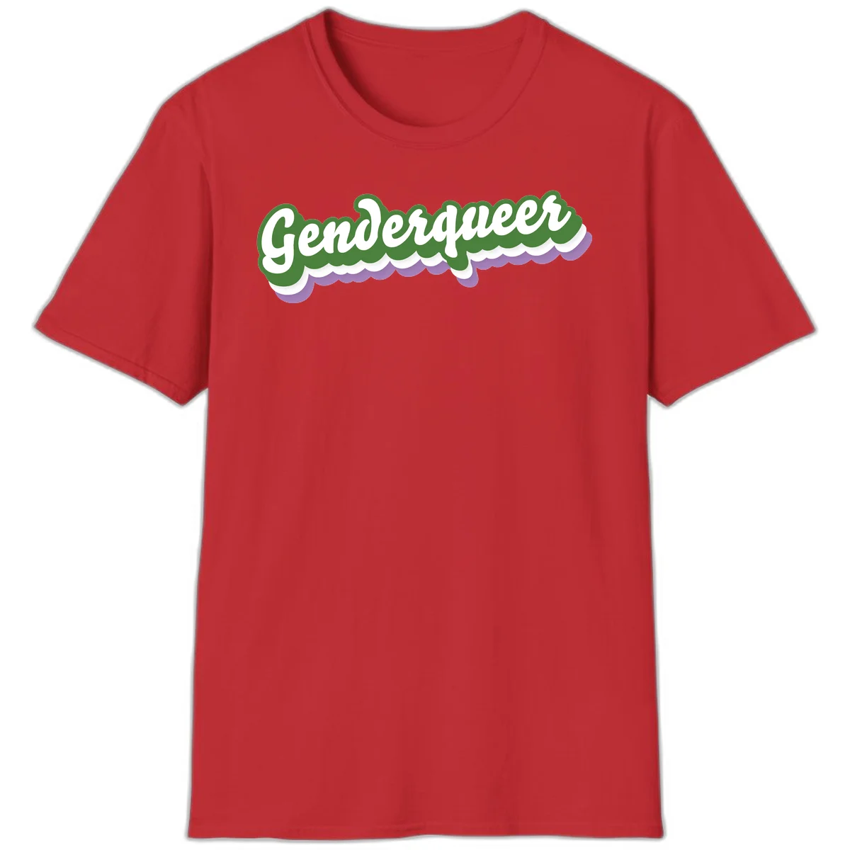 Retro script text reading 'Genderqueer' in white and green with purple and white scalloped wave border in Red