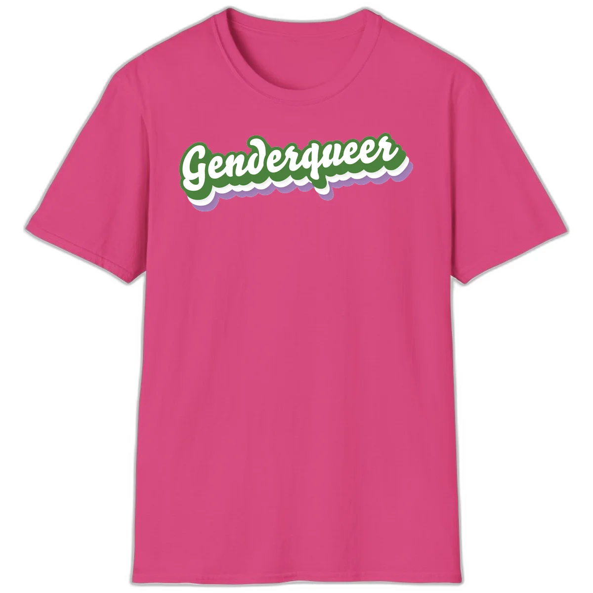 Retro script text reading 'Genderqueer' in white and green with purple and white scalloped wave border in Heliconia