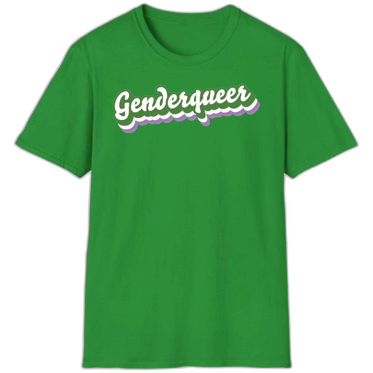 Retro script text reading 'Genderqueer' in white and green with purple and white scalloped wave border in Irish Green