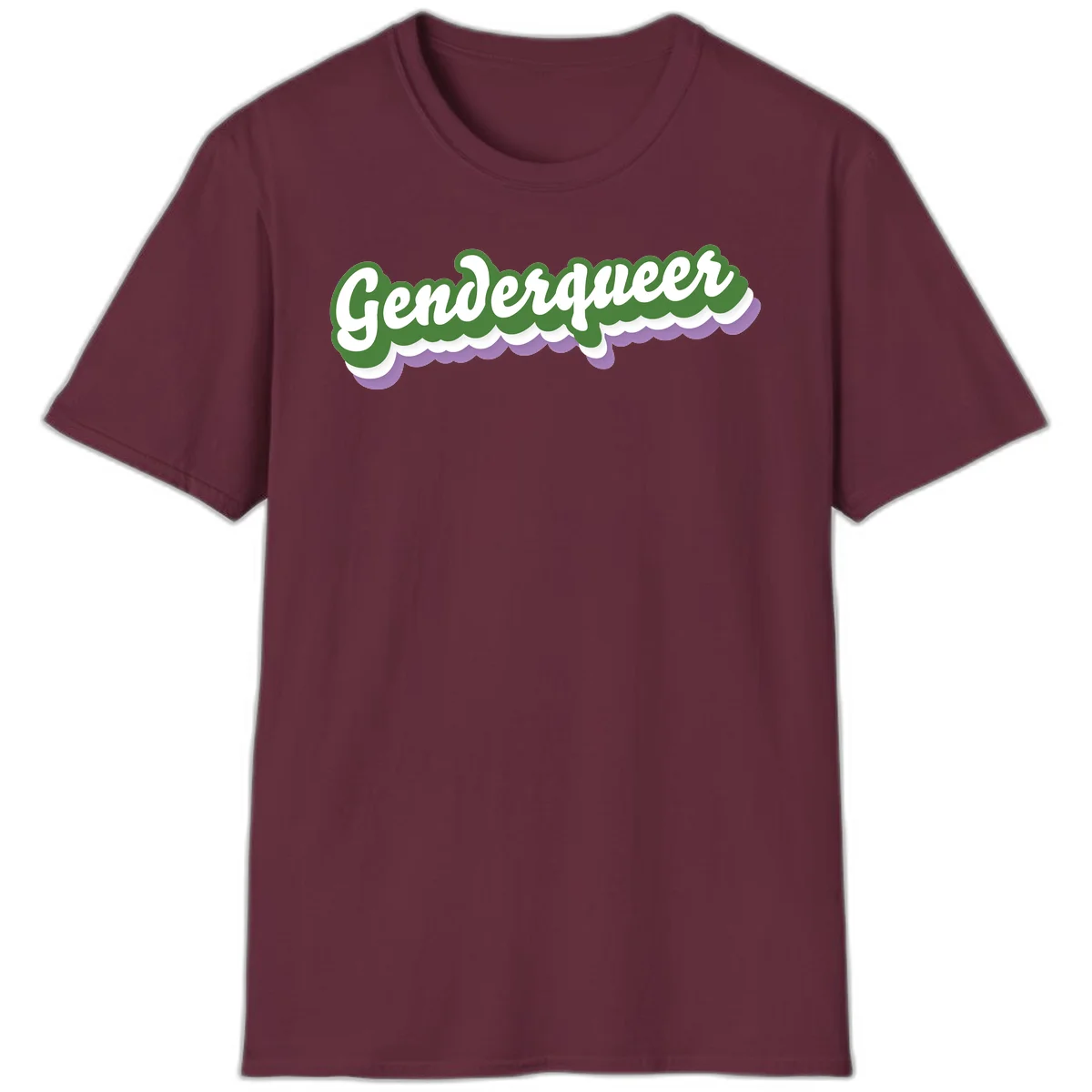 Retro script text reading 'Genderqueer' in white and green with purple and white scalloped wave border in Maroon