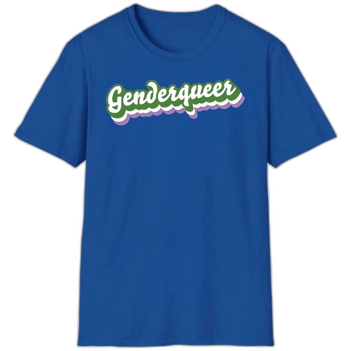 Retro script text reading 'Genderqueer' in white and green with purple and white scalloped wave border in Royal