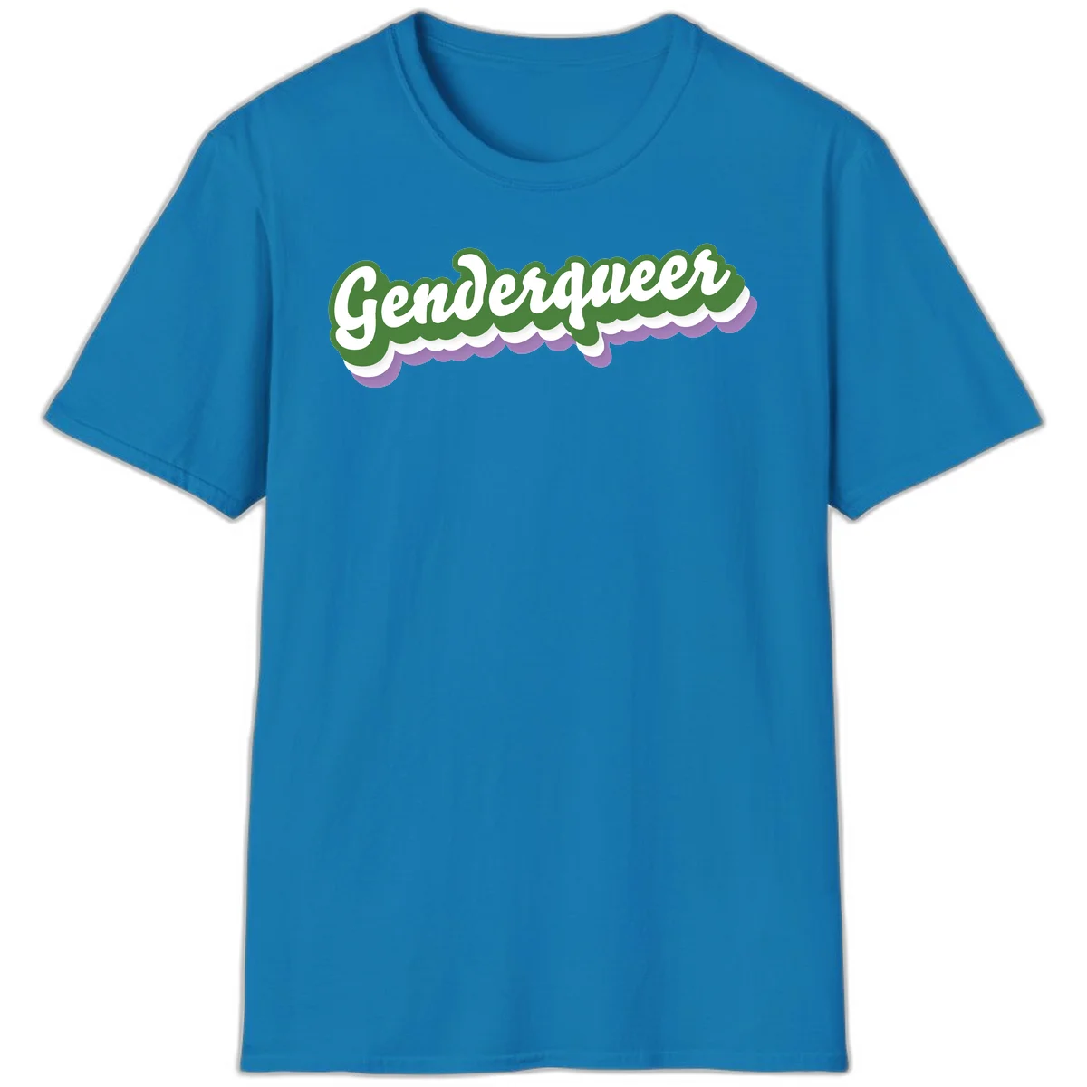 Retro script text reading 'Genderqueer' in white and green with purple and white scalloped wave border in Sapphire