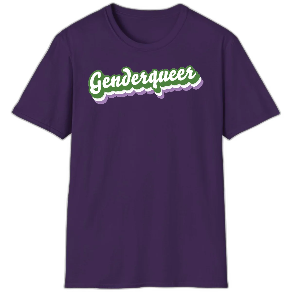 Retro script text reading 'Genderqueer' in white and green with purple and white scalloped wave border in Purple