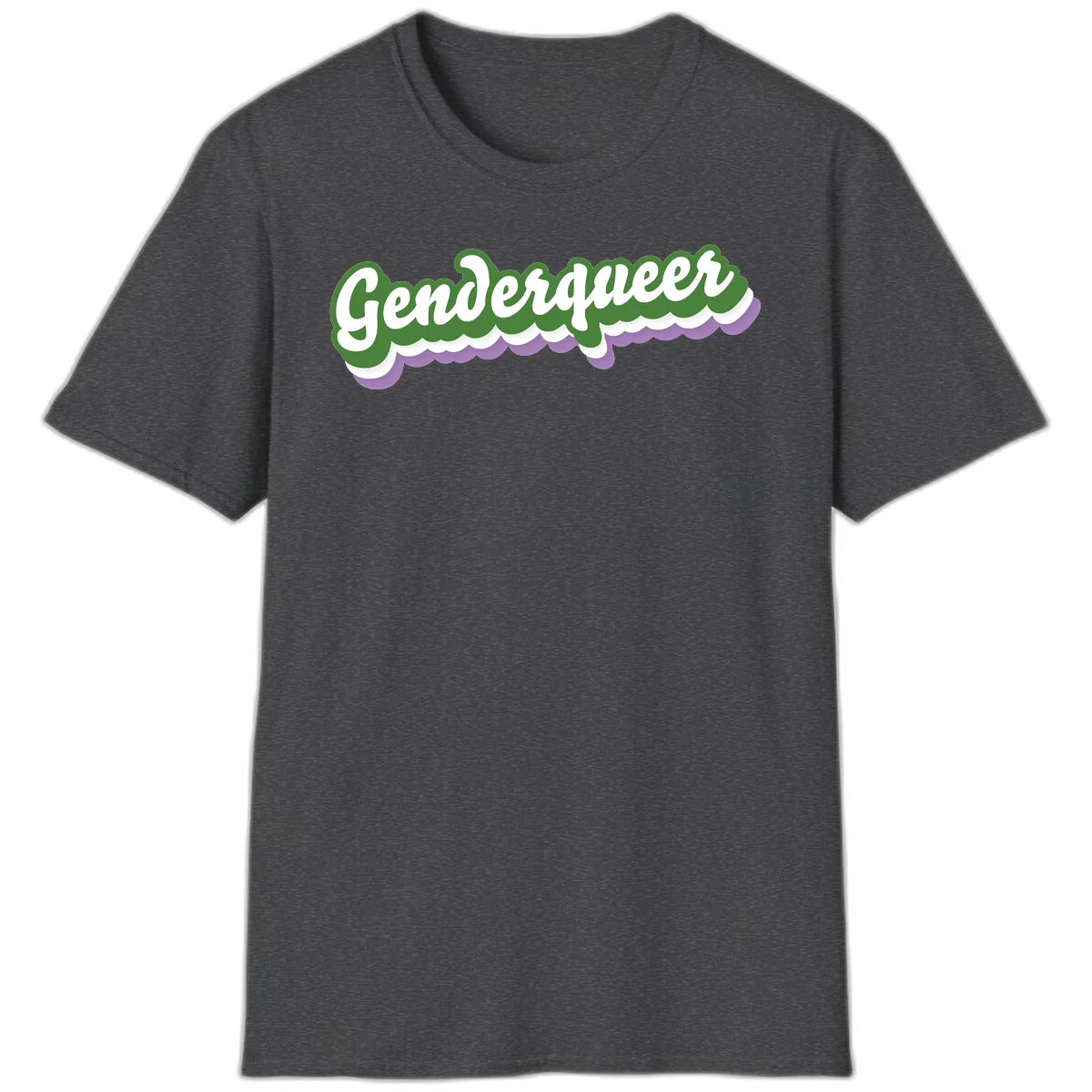 Retro script text reading 'Genderqueer' in white and green with purple and white scalloped wave border in Dark Heather