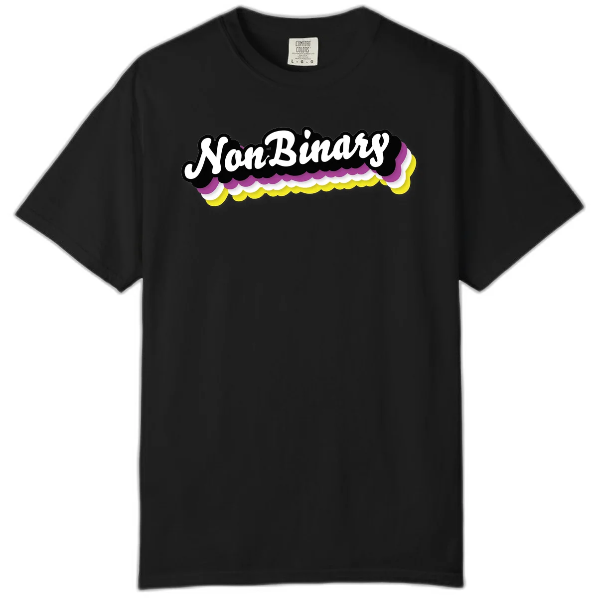 Nonbinary pride design with white script text on layered purple, white, and yellow cloud shapes in Black