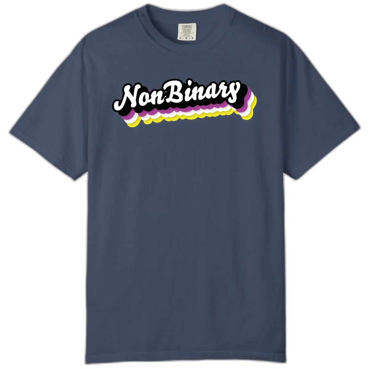 Nonbinary pride design with white script text on layered purple, white, and yellow cloud shapes in Midnight