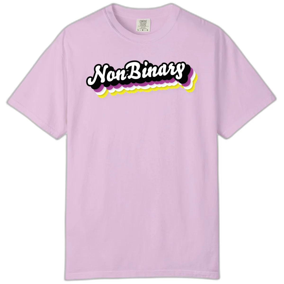 Nonbinary pride design with white script text on layered purple, white, and yellow cloud shapes in Orchid
