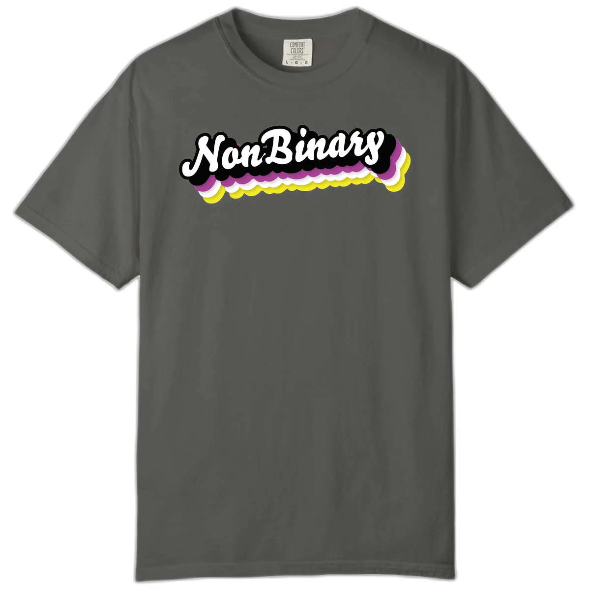 Nonbinary pride design with white script text on layered purple, white, and yellow cloud shapes in Pepper