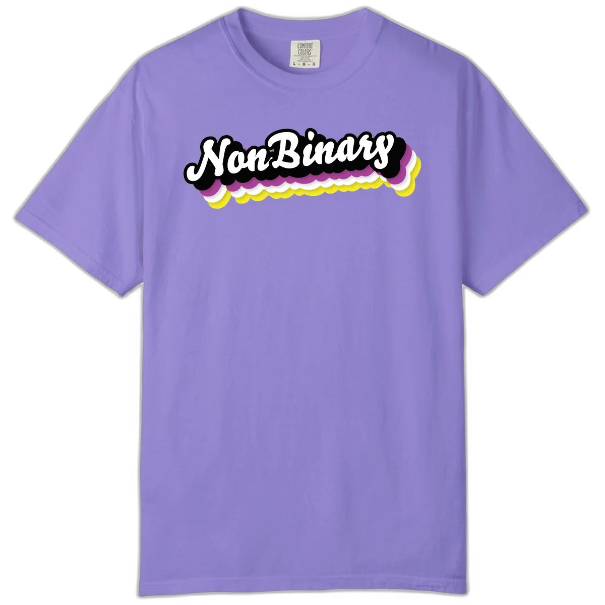 Nonbinary pride design with white script text on layered purple, white, and yellow cloud shapes in Violet