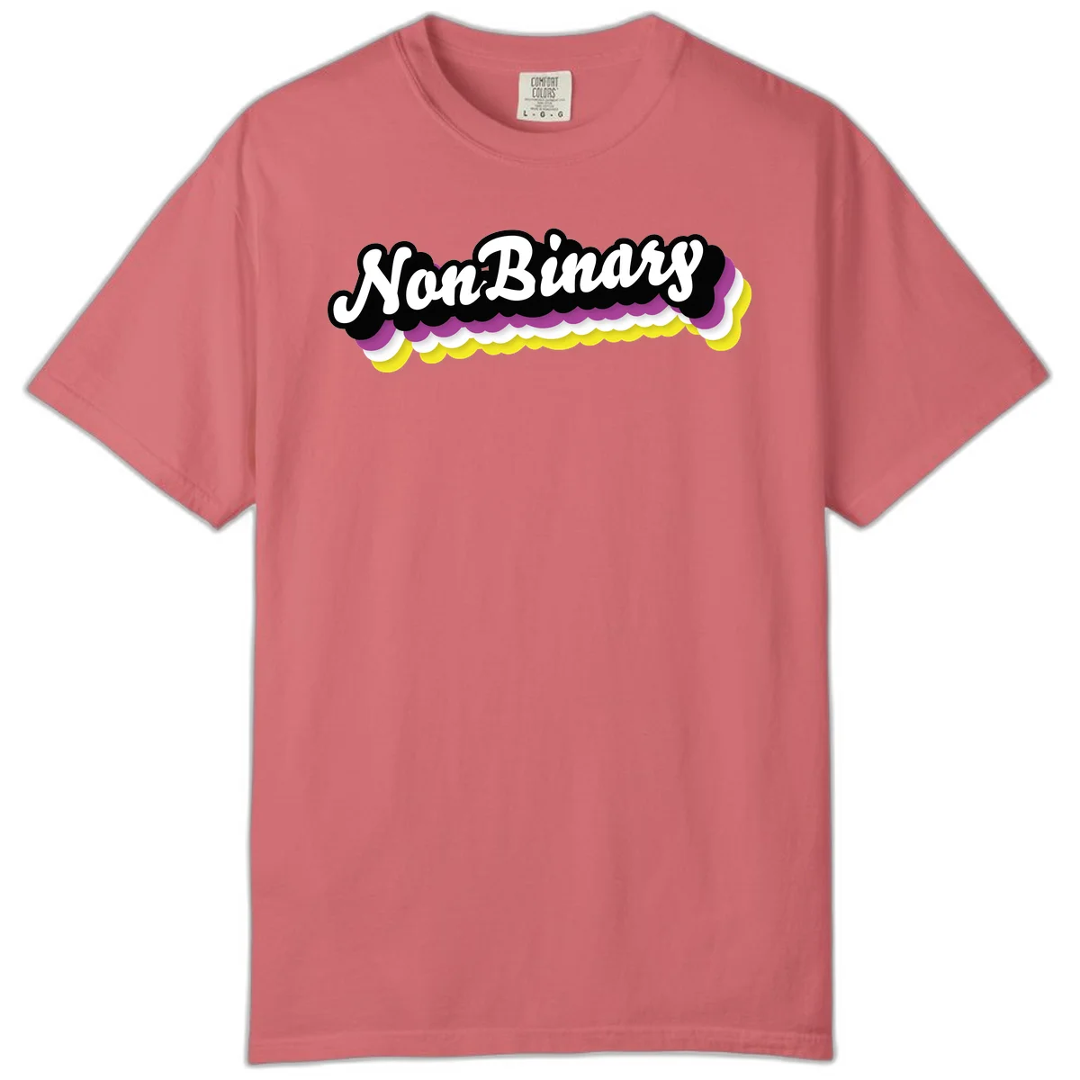 Nonbinary pride design with white script text on layered purple, white, and yellow cloud shapes in Watermelon