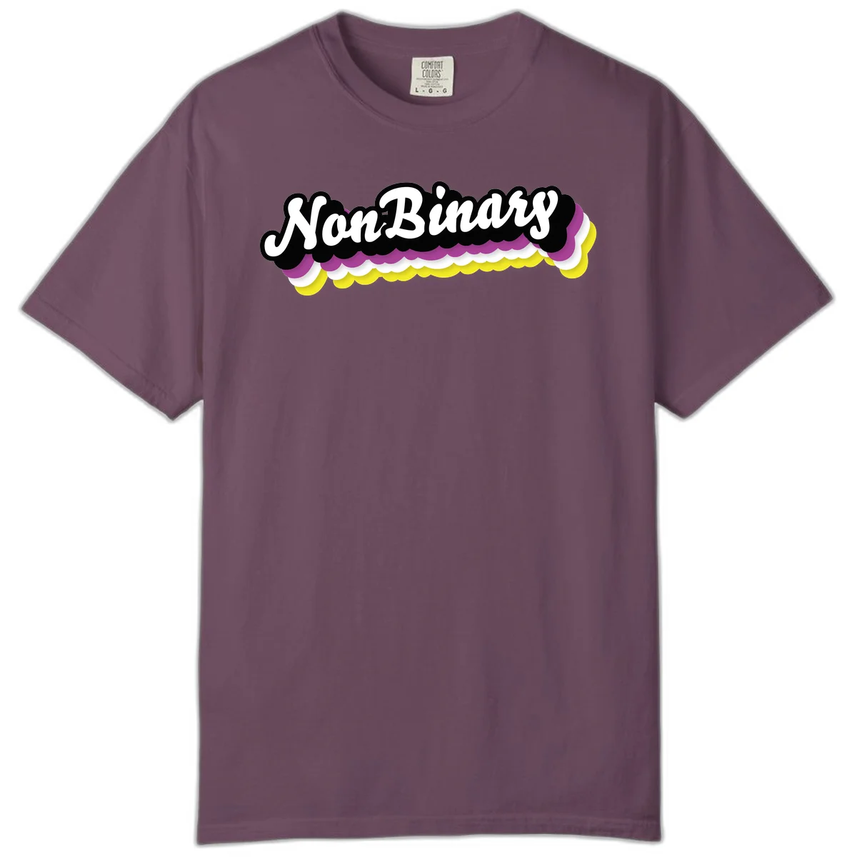Nonbinary pride design with white script text on layered purple, white, and yellow cloud shapes in Berry