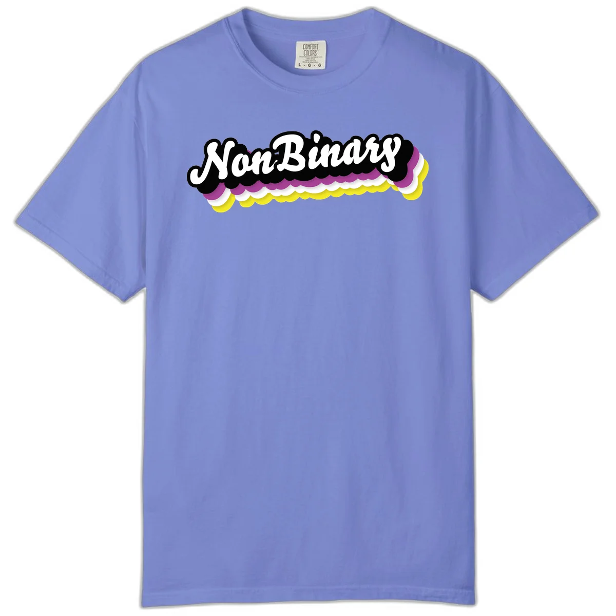 Nonbinary pride design with white script text on layered purple, white, and yellow cloud shapes in Flo Blue