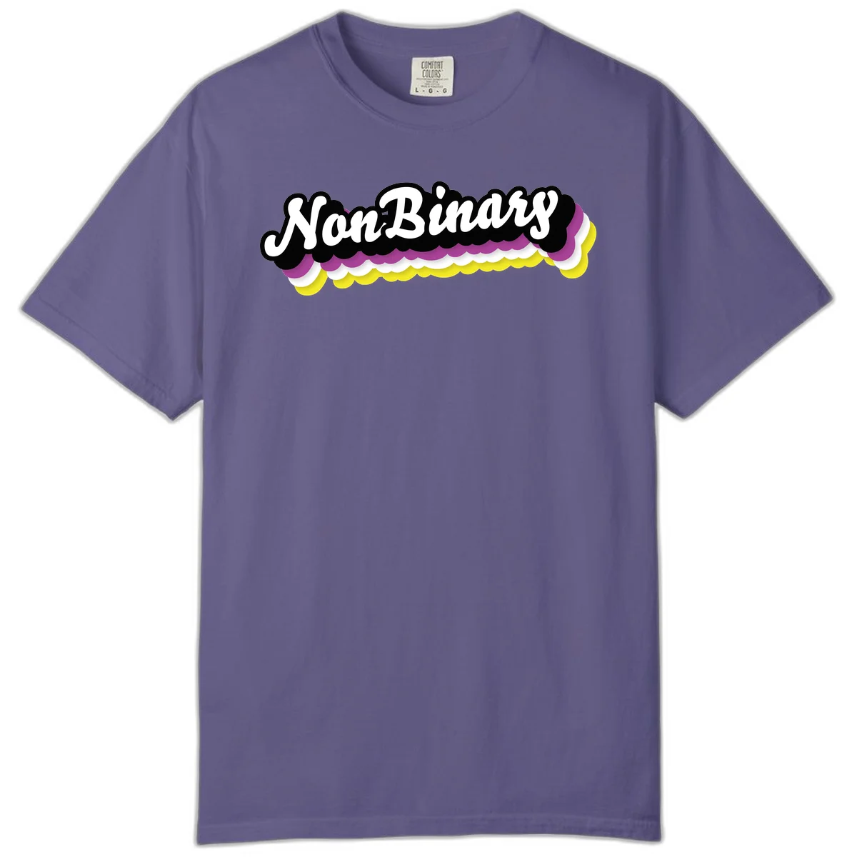 Nonbinary pride design with white script text on layered purple, white, and yellow cloud shapes in Grape