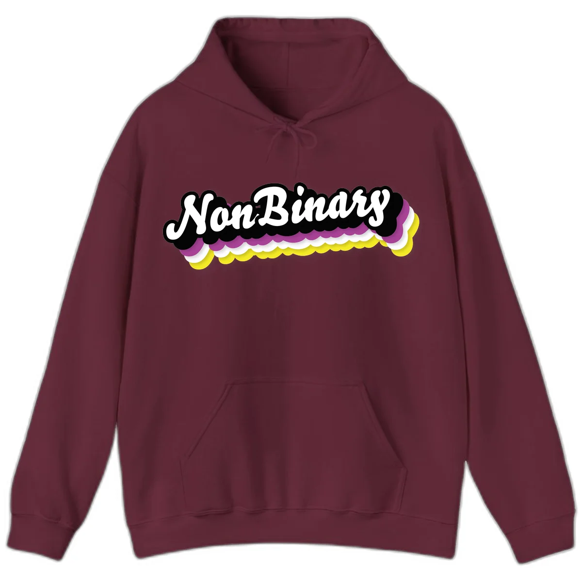 Nonbinary pride design with white script text on layered purple, white, and yellow cloud shapes in Maroon