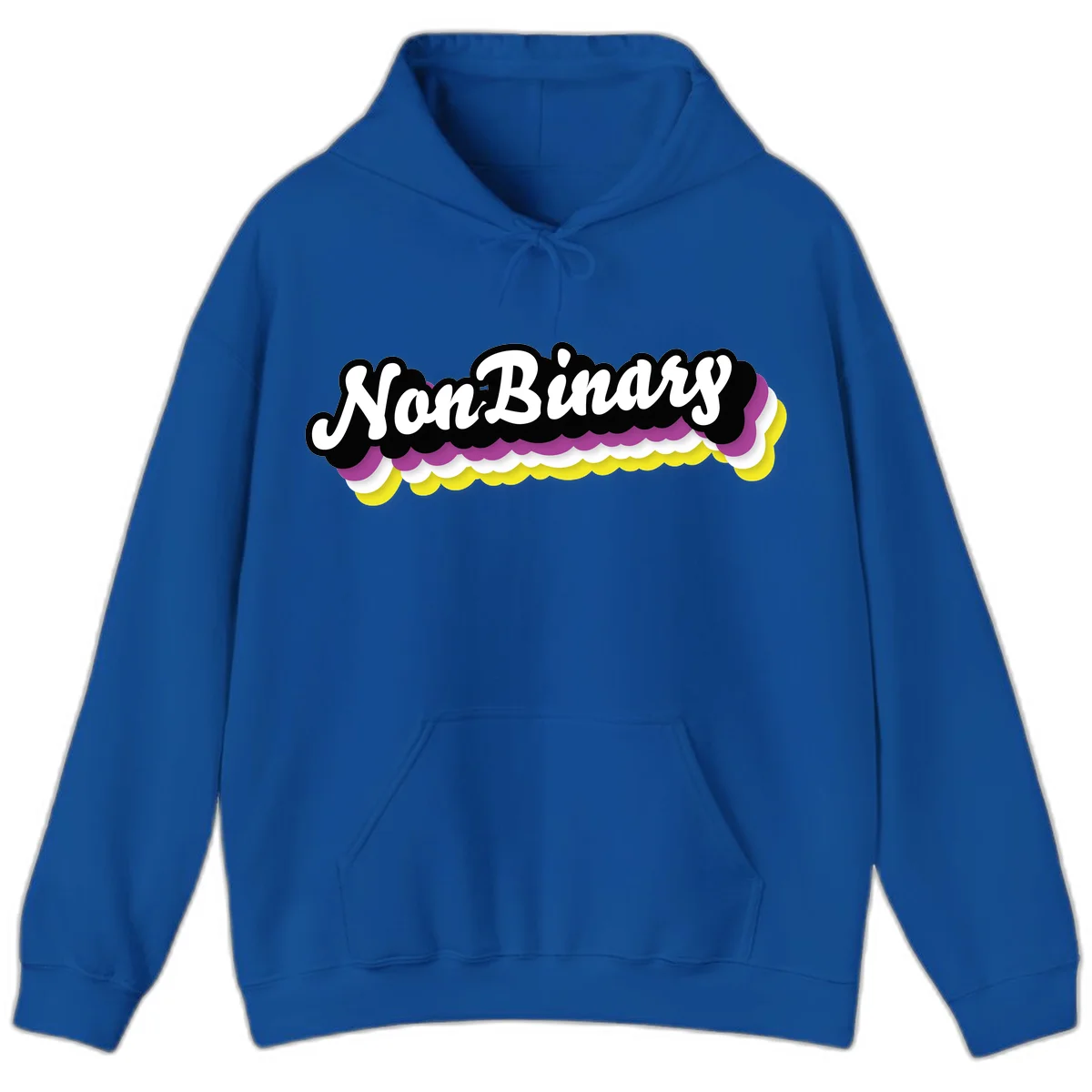 Nonbinary pride design with white script text on layered purple, white, and yellow cloud shapes in Royal