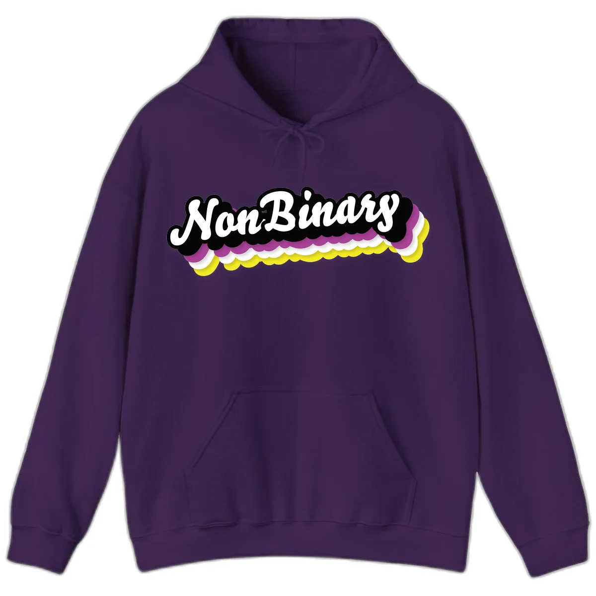 Nonbinary pride design with white script text on layered purple, white, and yellow cloud shapes in Purple