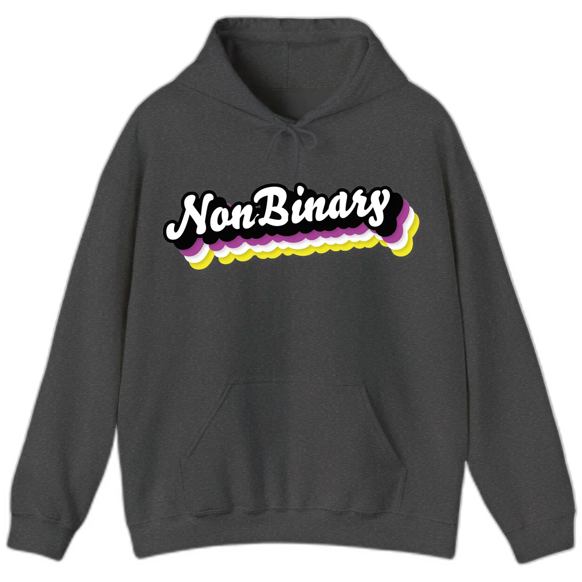 Nonbinary pride design with white script text on layered purple, white, and yellow cloud shapes in Dark Heather