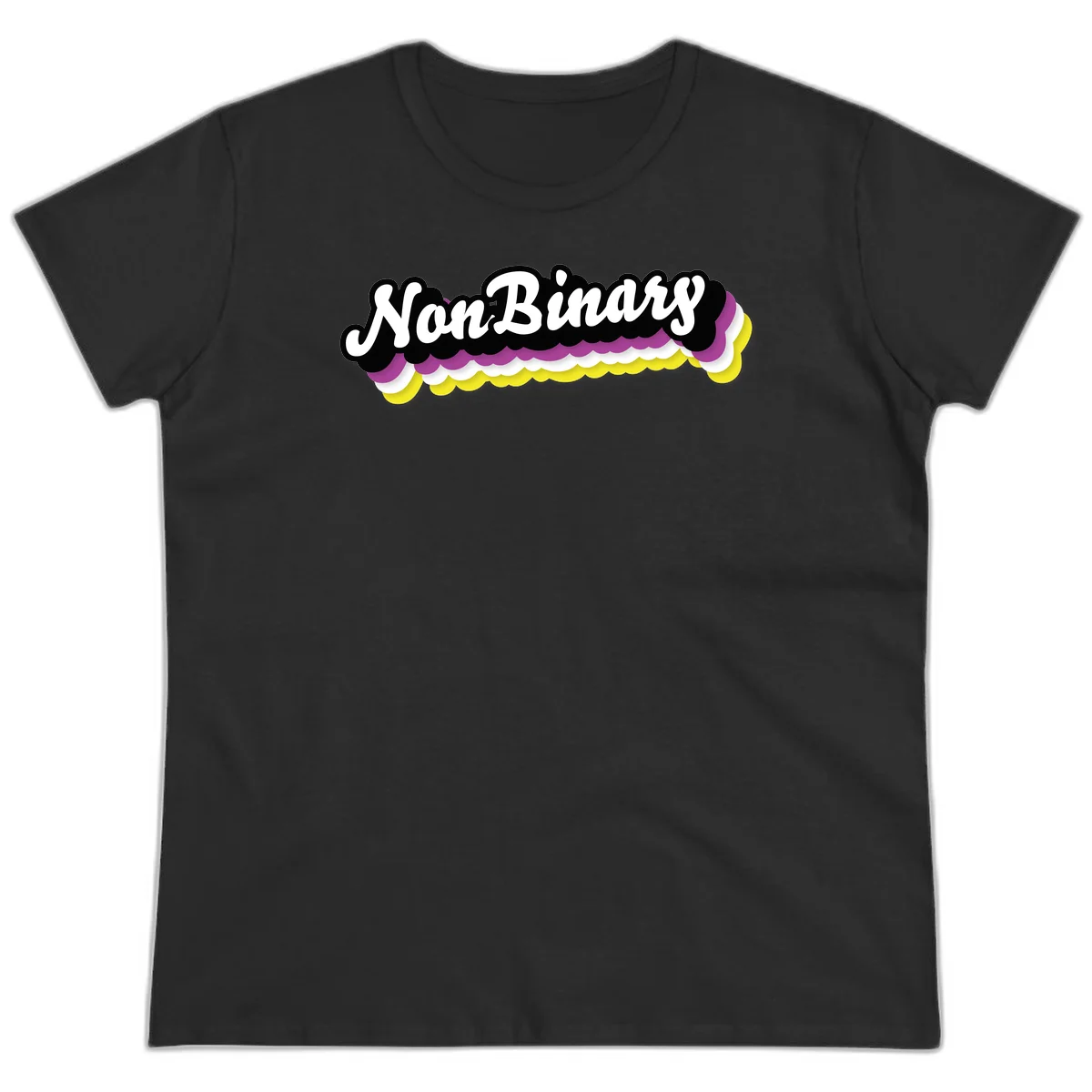 Nonbinary pride design with white script text on layered purple, white, and yellow cloud shapes in Black
