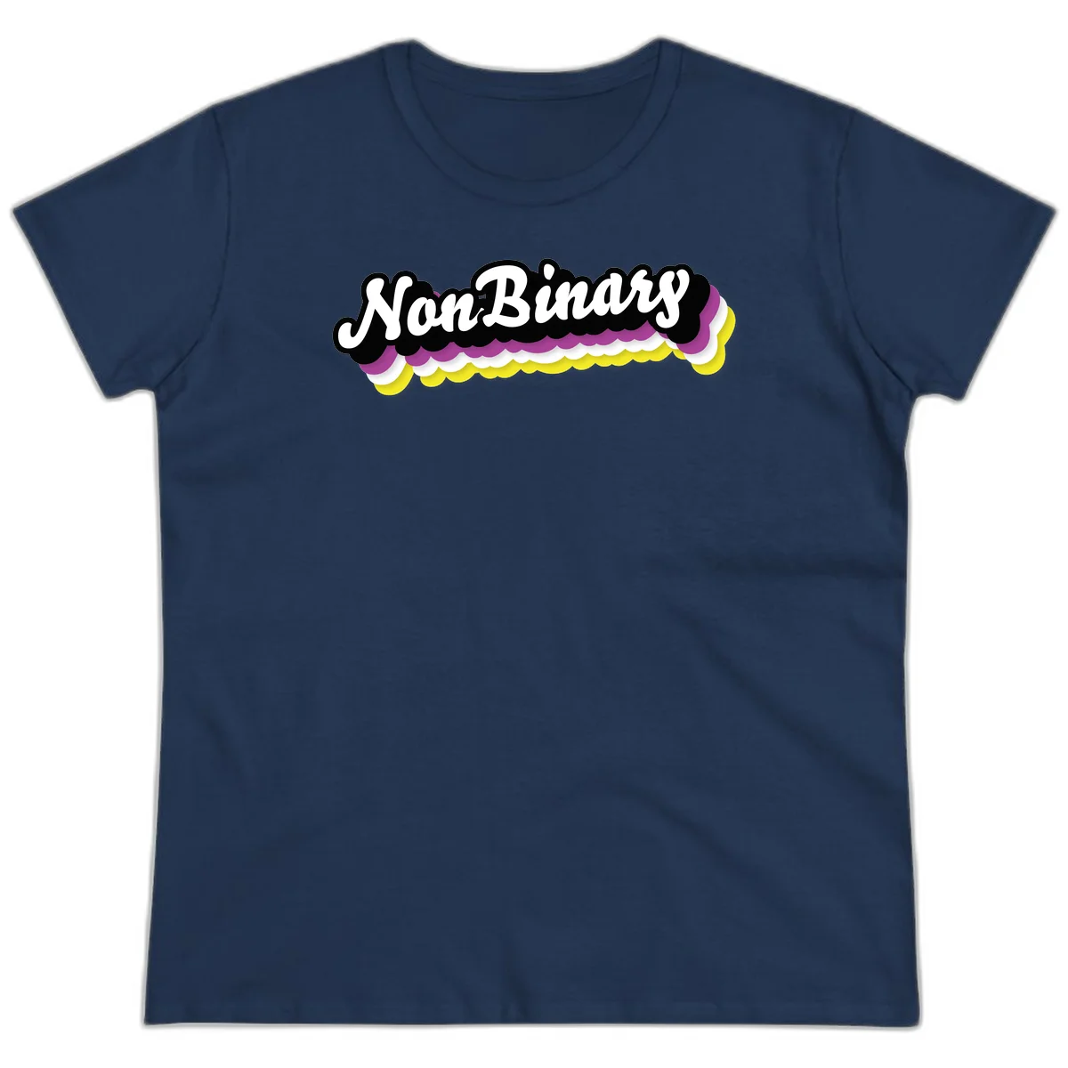 Nonbinary pride design with white script text on layered purple, white, and yellow cloud shapes in Navy