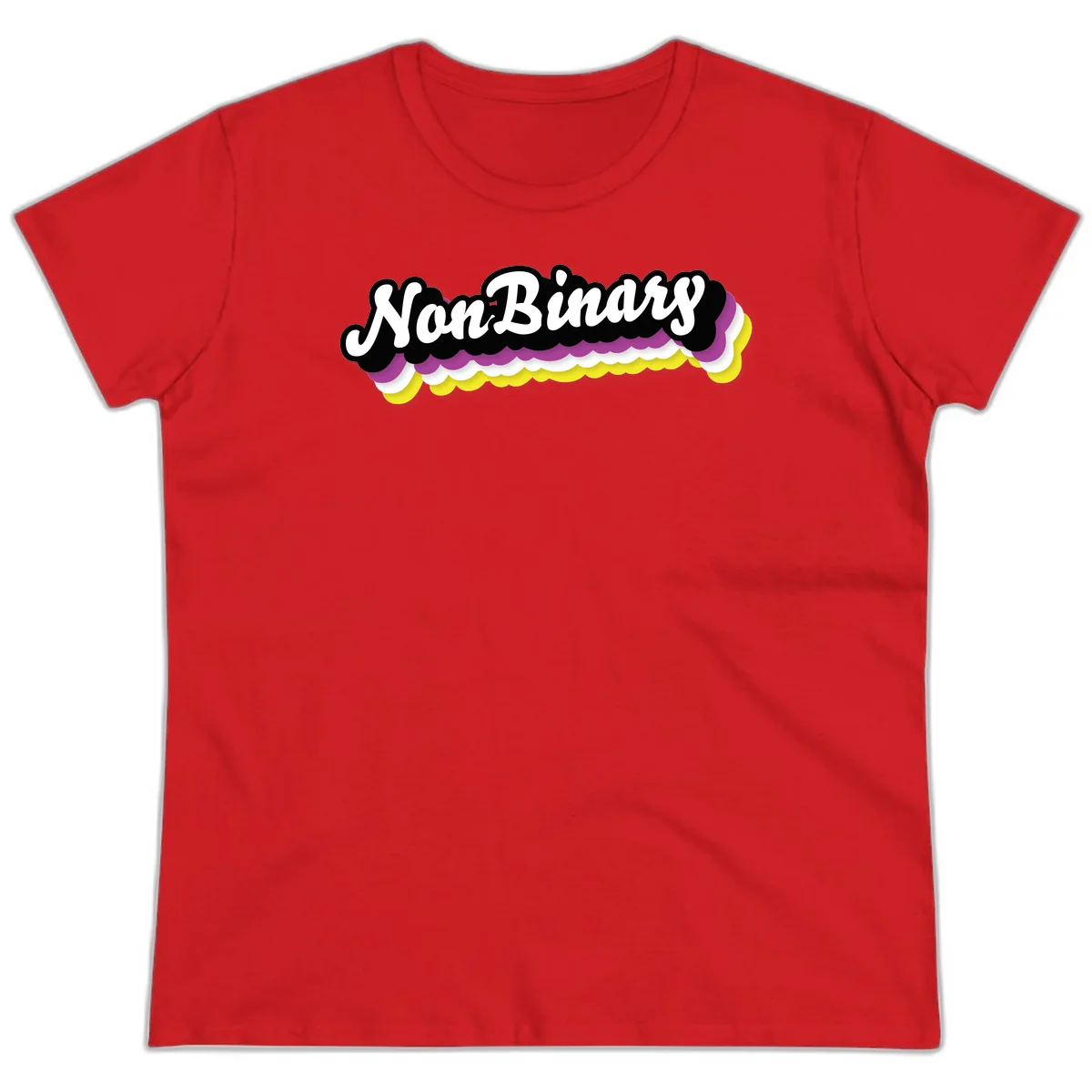 Nonbinary pride design with white script text on layered purple, white, and yellow cloud shapes in Red