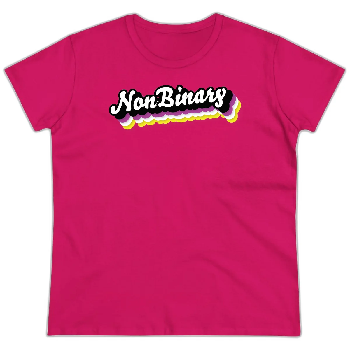 Nonbinary pride design with white script text on layered purple, white, and yellow cloud shapes in Heliconia