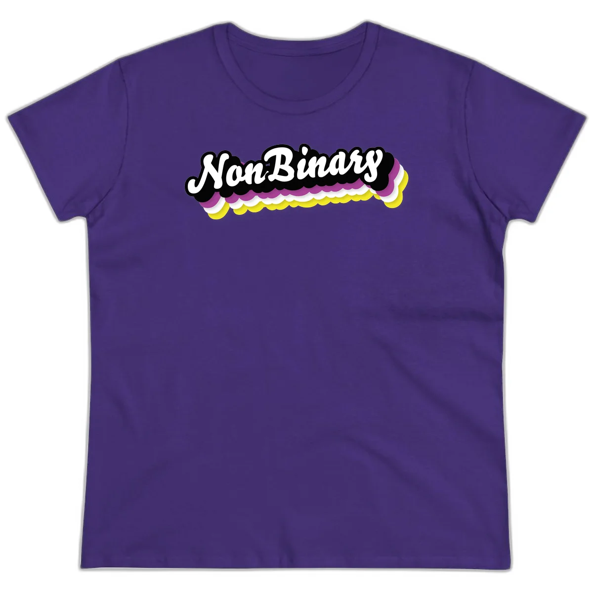 Nonbinary pride design with white script text on layered purple, white, and yellow cloud shapes in Purple