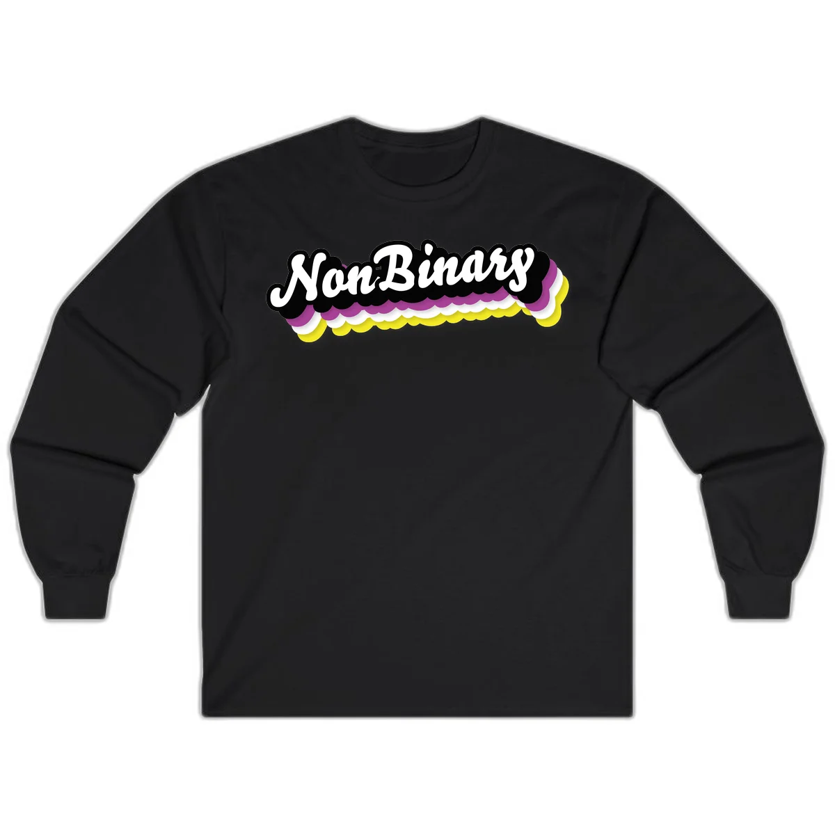 Nonbinary pride design with white script text on layered purple, white, and yellow cloud shapes in Black