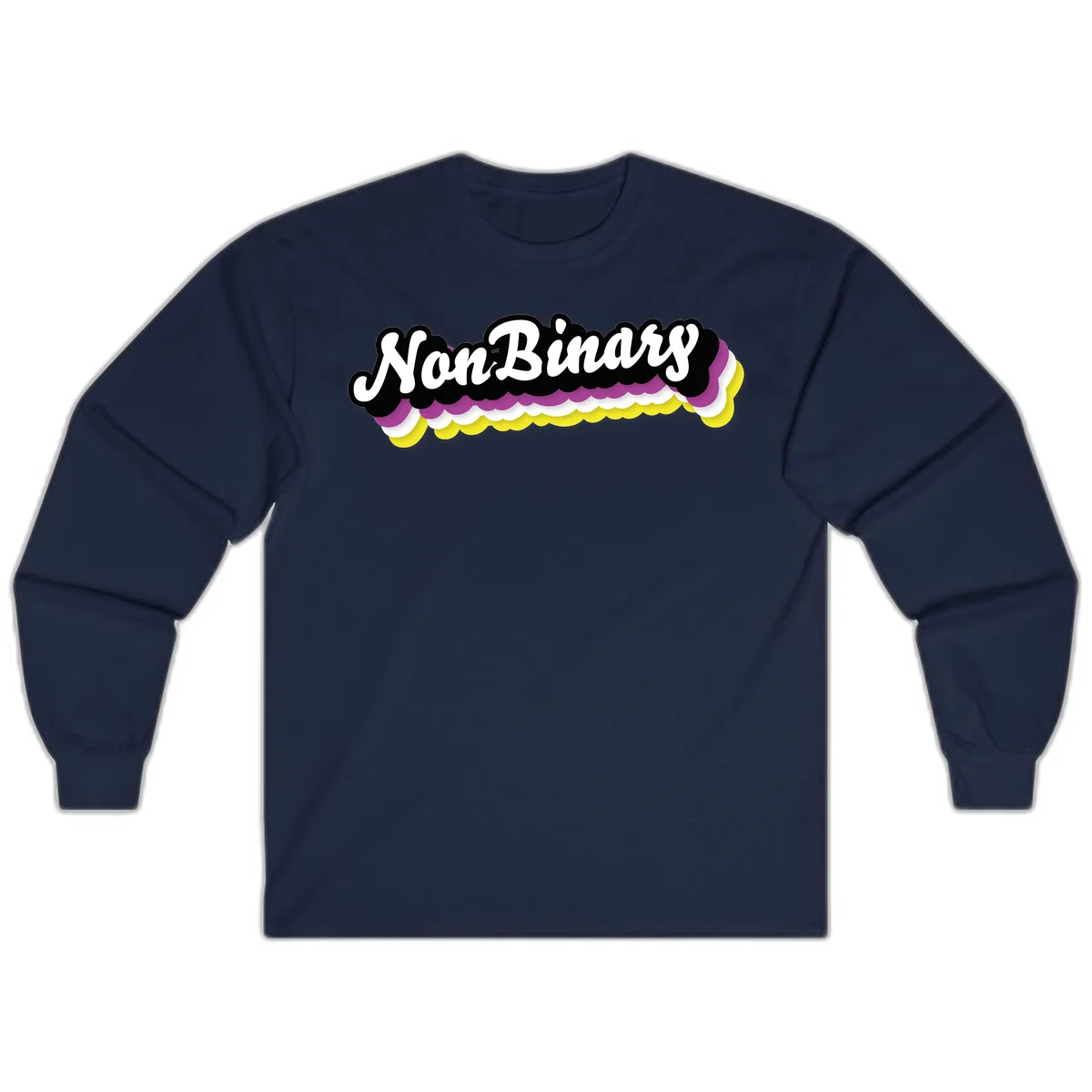 Nonbinary pride design with white script text on layered purple, white, and yellow cloud shapes in Navy