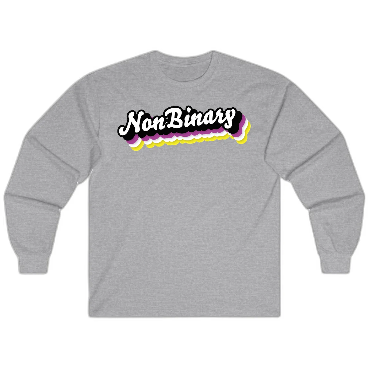 Nonbinary pride design with white script text on layered purple, white, and yellow cloud shapes in Sport Grey