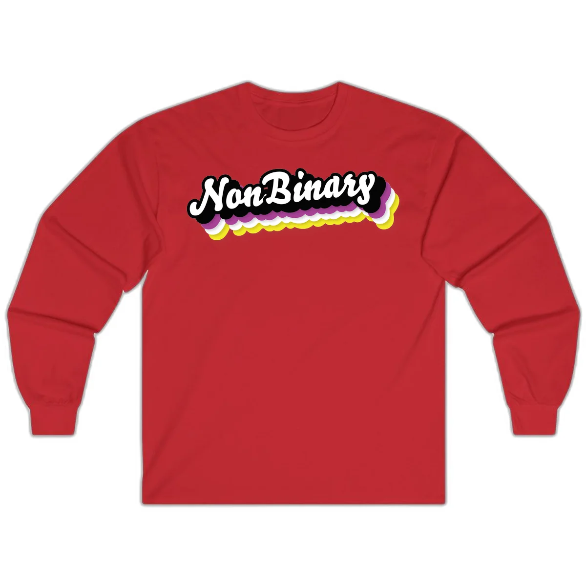 Nonbinary pride design with white script text on layered purple, white, and yellow cloud shapes in Red