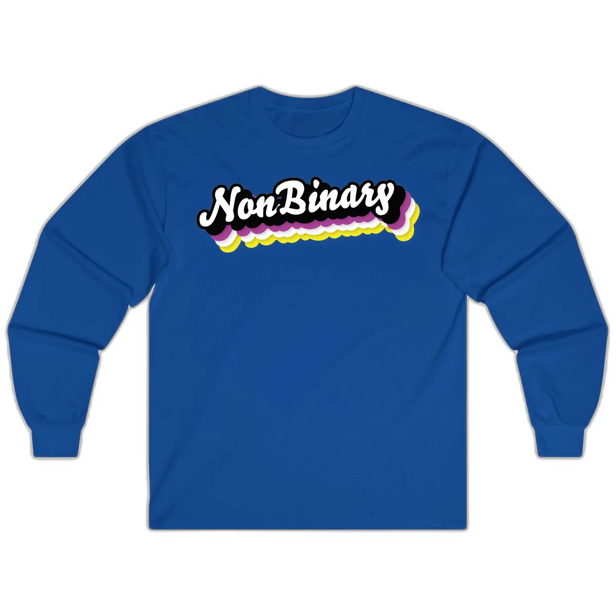 Nonbinary pride design with white script text on layered purple, white, and yellow cloud shapes in Royal